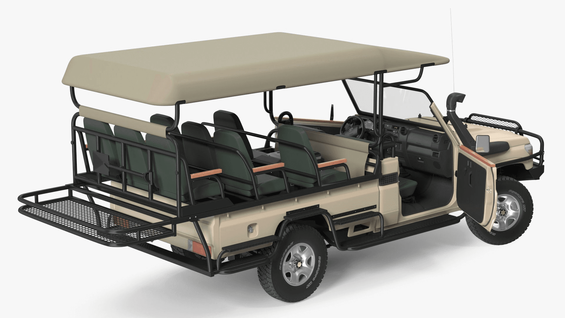 3D diagram of open-sided safari vehicle showing seating layout